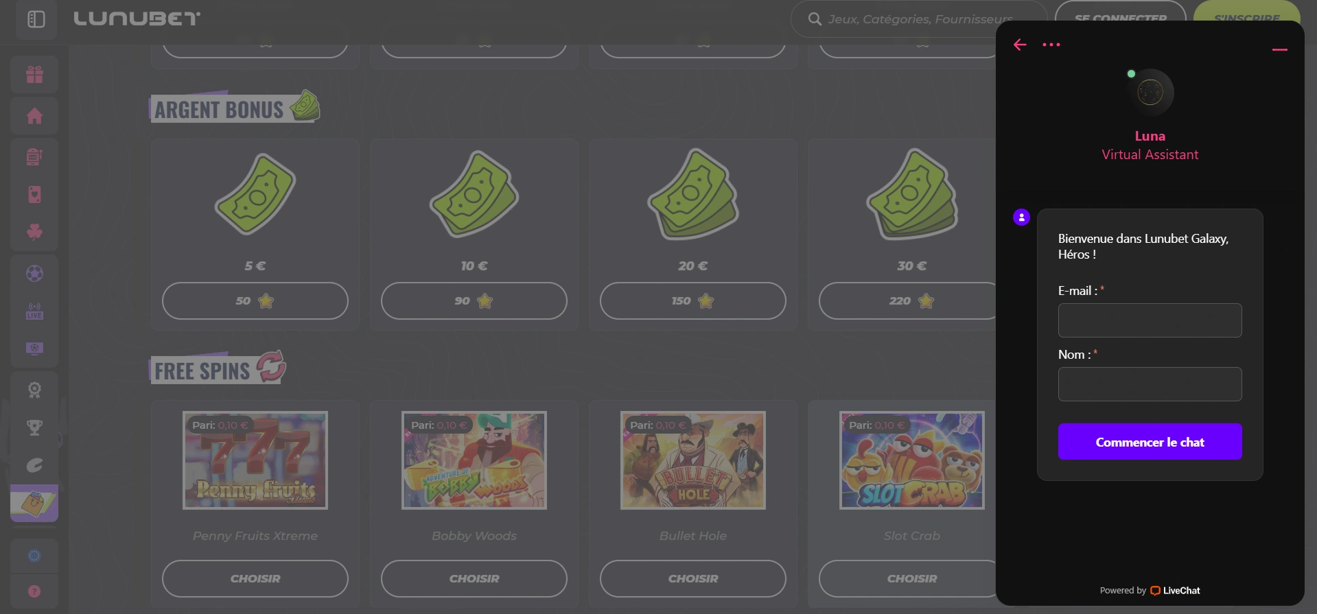 Assistance par chat direct chez Lunubet Casino